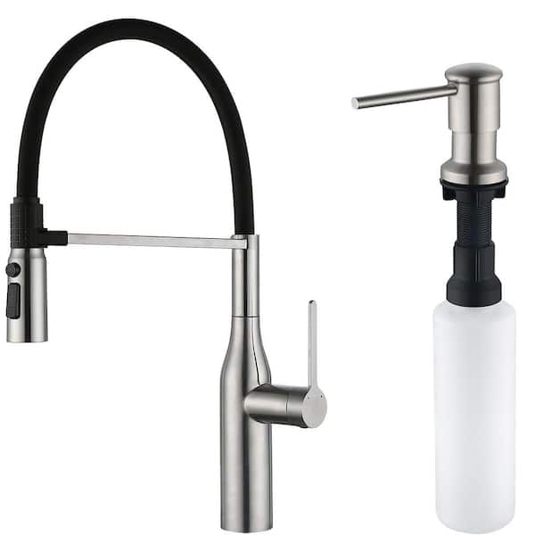 22in. Single Handle Pull Down Sprayer Kitchen Faucet with 360° Spout Swivel and Soap Dispenser Set in Brushed Nickel