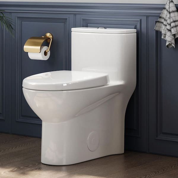 1-Piece 1.1/1.6 GPF Dual Flush Compact Elongated WaterSense Toilet in White Soft Close Seat Included