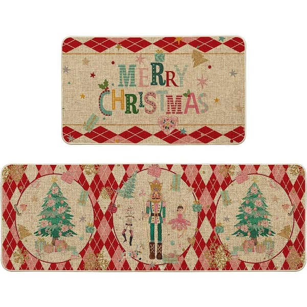 Plaid Merry Christmas Indoor Kitchen Mats Set of 2 Red (17 in. x 29 in. + 17 in. x 47 in. )