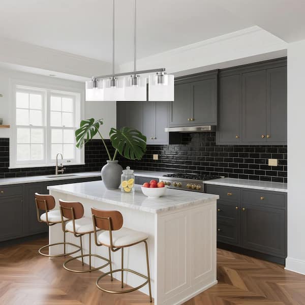 The Modern 4-Light Nickel Chandelier with Frosted Glass Shaped For Kitchen And Dining Room