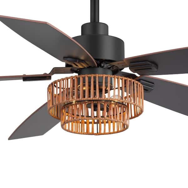 Breezary Augus 52 in. Indoor Black Farmhouse Ceiling Fans with Rattan Light Kit and Remote Control Included