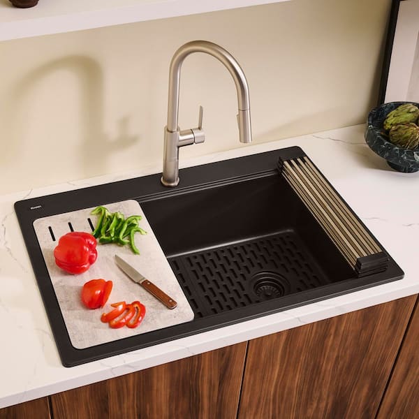 EpiStage 33 in. Drop-in Single Bowl Workstation Kitchen Sink in Black Granite Quartz Composite with Accessories