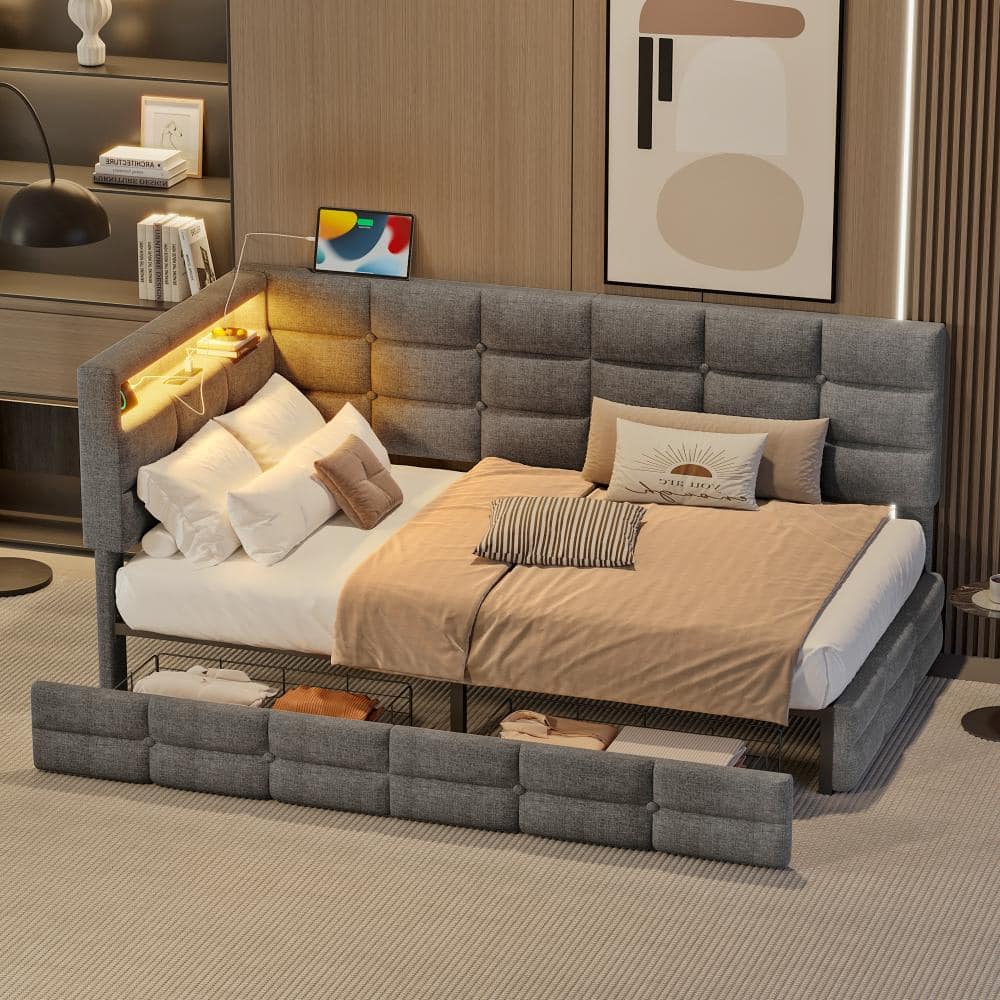 Gray Twin Size Upholstered Daybed with 2 Drawers, LED Lights, Charging Station