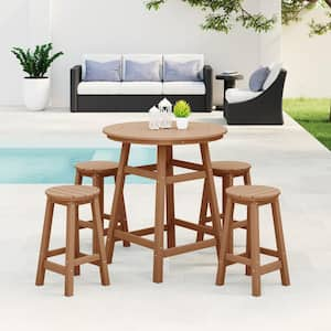 Laguna 5-Piece Counter Height HDPE Plastic Outdoor Patio Round High Top Bistro Dining Set in Teak