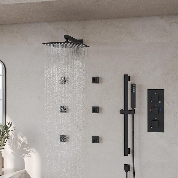 ZenithRain 5-Spray Dual Wall Mount 12 in. Fixed and Handheld Shower Head 2.5-GPM in Matte Black Valve Included