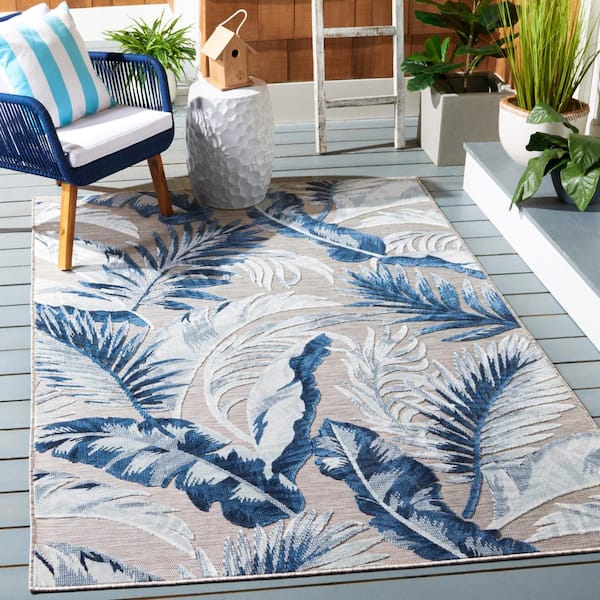 Cabana Beige/Navy 6 ft. x 6 ft. High-Low Leaf Indoor/Outdoor Square Area Rug