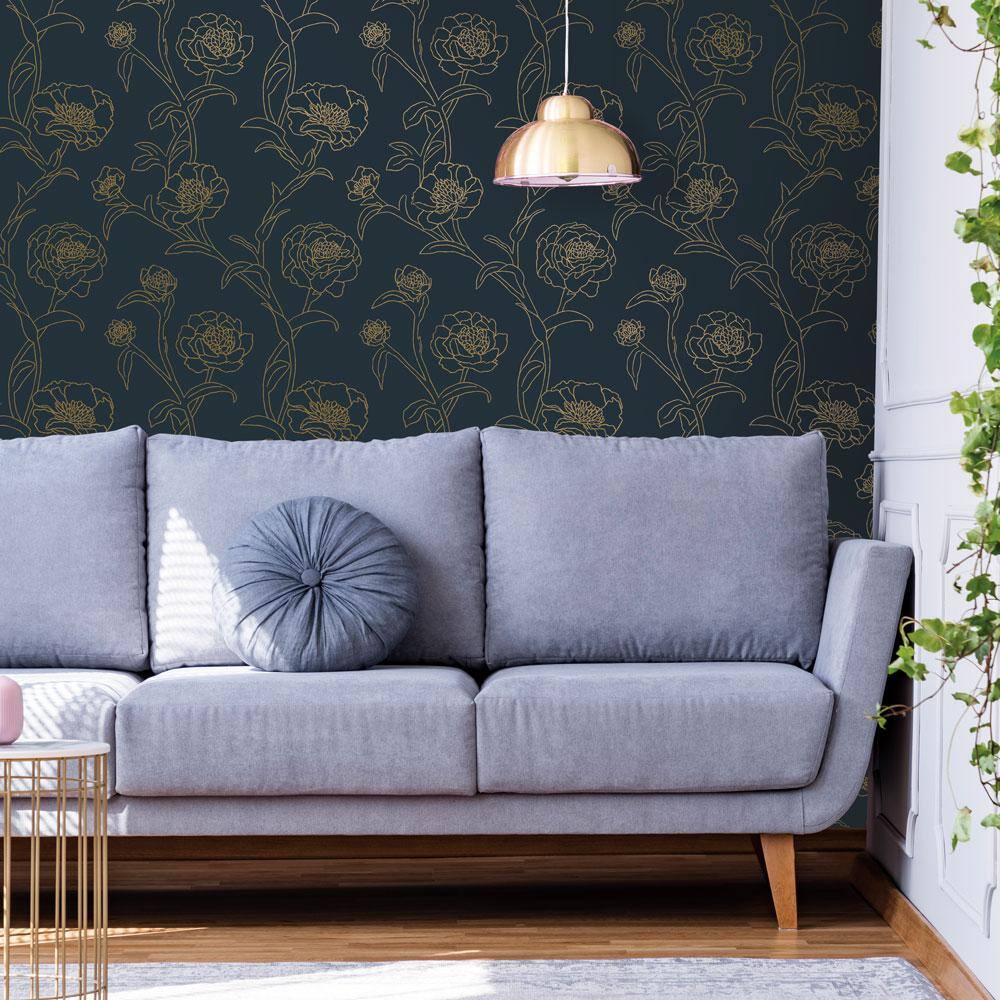 Peacock Blue and Gold Floral Peel and Stick Wallpaper