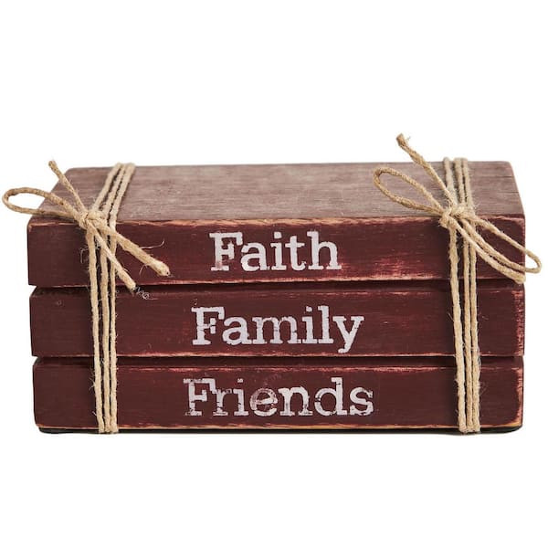 VHC BRANDS 2.5 in. H Merlot Red Faith Family Friends Wooden Faux Book Stack