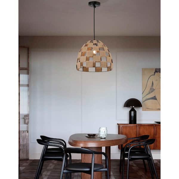 1-Light Black Single Island Pendant Light with Checkered Hemp Rope Shade