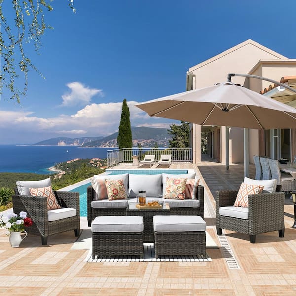 XIZZI Megon Holly Gray 6-Piece Wicker Outdoor Patio Conversation Seating Set with Megon Holly Gray Cushions