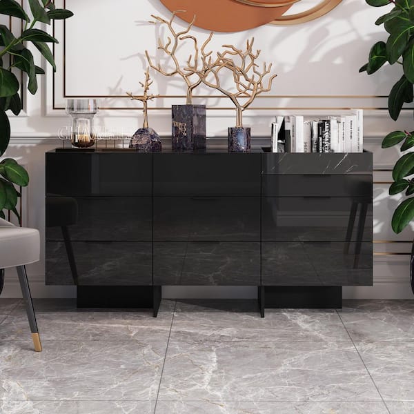 FUFU&GAGA Modern Black Mirror 9Drawer 59 in. W x15. 7 in. D Chest of Drawers, Dresser, Storage Cabinet with Open Shelf & Anti-Tip
