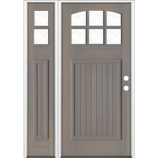 Krosswood Doors 50 in. x 80 in. Craftsman V-Groove Arched 6-Lite Clear Glass Grey Stain Left Hand Hemlock Wood Prehung Front Door w/LSL