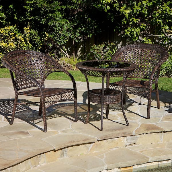 Noble House Brown 3-Piece Faux Rattan Outdoor Patio Bistro Set