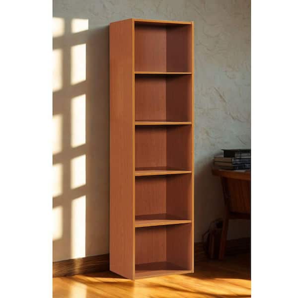 L'Baiet 59 in. Tall Cherry Wood 5-Shelf Bookcase with Open Storage 5-Tier Bookshelf for Home or Office