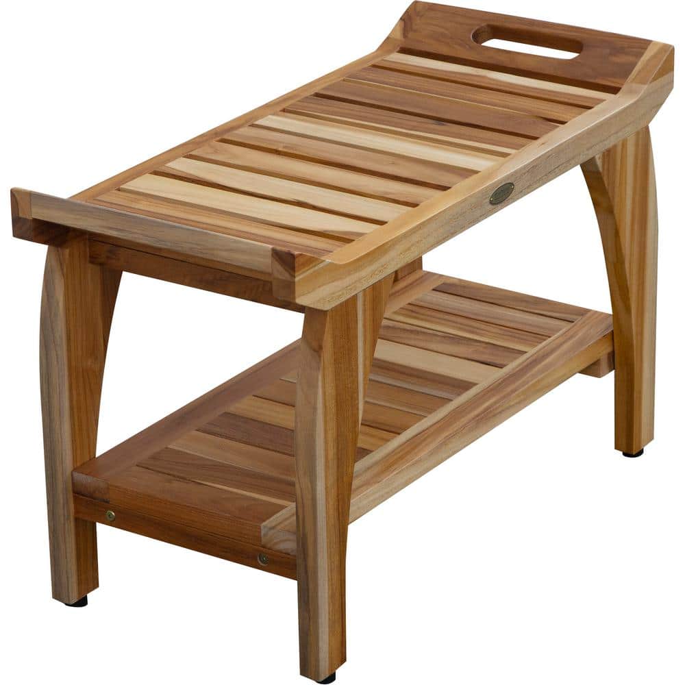 EcoDecors 32" Natural Teak Shower Bench with Handles and Shelf