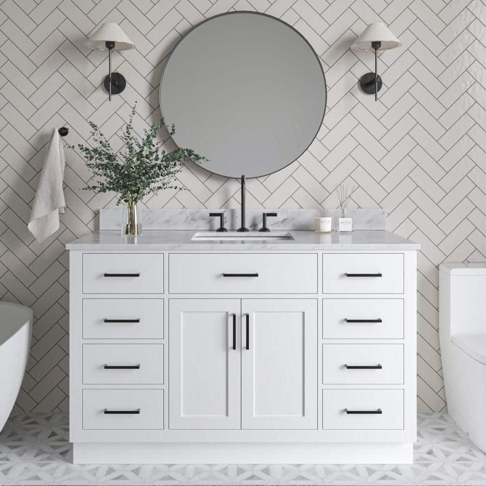 Hepburn 54 in. Single Sink Freestanding Bathroom Vanity in White with 0.75 in. Carrara White Marble Top price history on PriceWatchPro