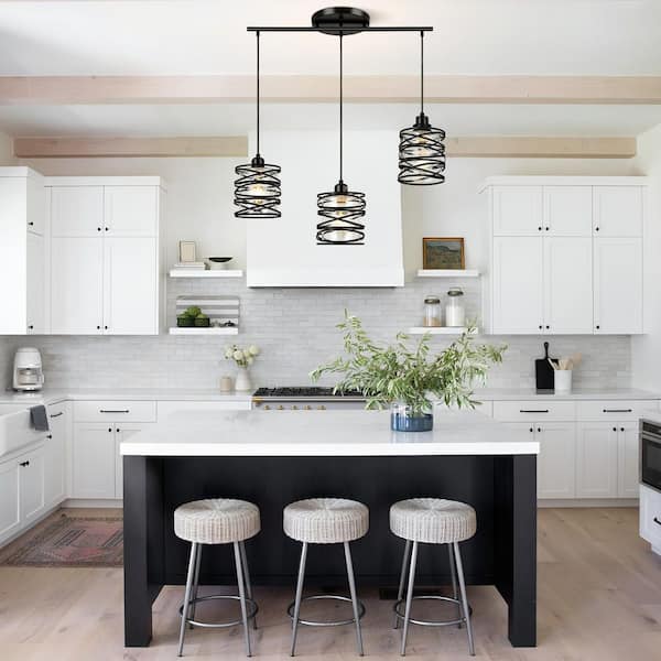 Jasslynn 40 Watt 3 Light Black Modern Linear Pendant Light with Cylinder Seeded Glass Shade for Kitchen