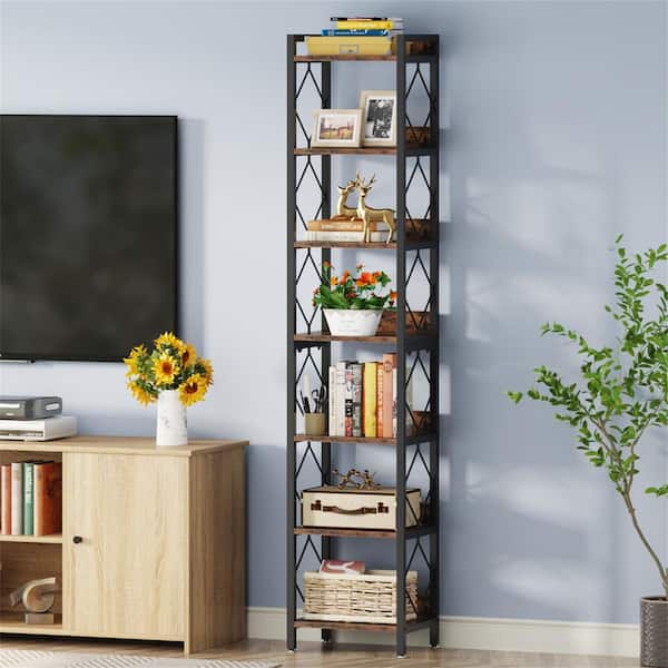 78.7 in. Tall Rustic Brown Engineered Wood 7-Shelf Bookcase, Tall Narrow Bookshelf Corner Shelf Rack Stand