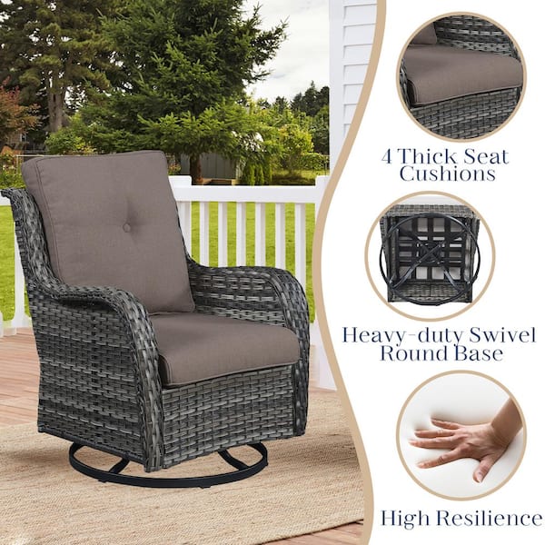 Gray 3-Piece Wicker Patio Conversation Deep Seating Set with Gray Cushions All-Weather Swivel Rocking Chairs