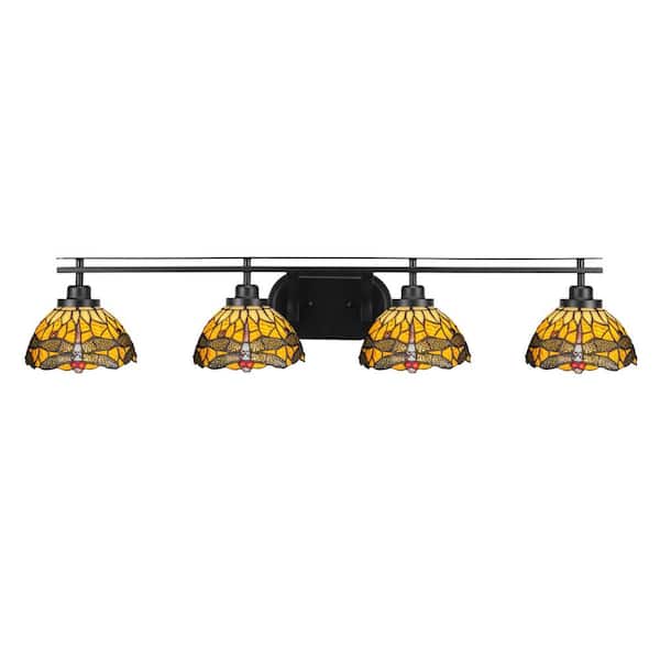 Unbranded Monroe 40.25 in. 4-Light Brushed Nickel Vanity-Light with 7 in. Amber Dragonfly Art Glass Shade No Bulbs Included