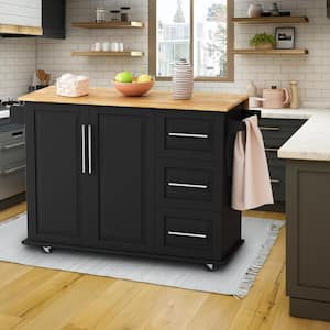 Black Rolling Solid Wood Tabletop 43 in. Kitchen Island Cart with Drop-Leaf Countertop