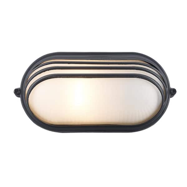 Bel Air Lighting Allegra 8.5 in. 1-Light Black Oval Bulkhead Outdoor Wall Light Fixture with Ribbed Glass