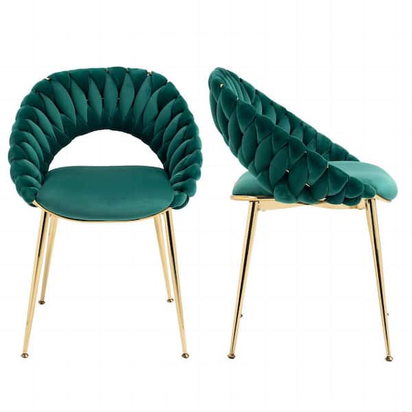 HOMEFUN Modern Upholstered Emerald Velvet Hand Woven Hollow Backrest Design Dining Chairs Set of 2