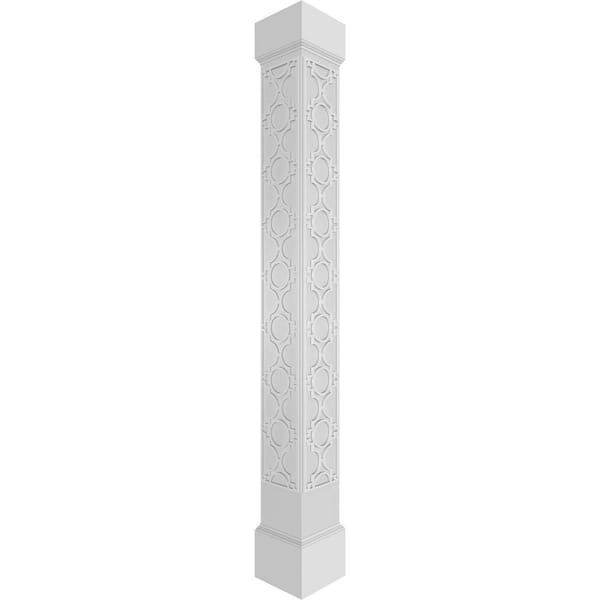 Ekena Millwork 7-5/8 in. x 9 ft. Premium Square Non-Tapered Gypsum Fretwork PVC Column Wrap Kit w/Mission Capital and Base