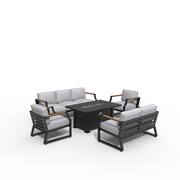 Felicia Black 5-Piece Aluminum Patio Fire Pit Conversation Set with Gray Cushions