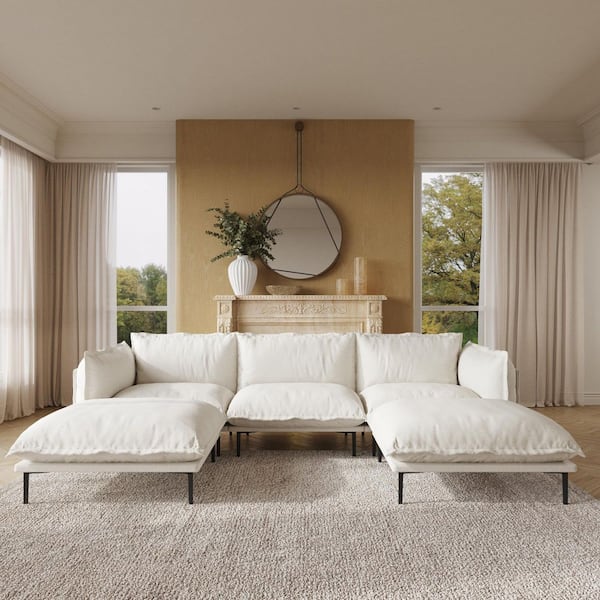 Spacious 111.02 in. Square Arm 5-Piece Cloud Velvet Modular Down Feather Sectional Sofa with Ottoman in Beige