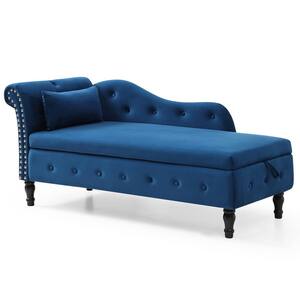 Blue Velvet Chaise Lounge Solid Wood Legs with 1 Pillow