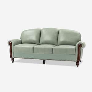 Edmund 84 in. Rolled Arm Genuine Leather Rectangle Carved Solid Wood Legs Sofa in. Sage
