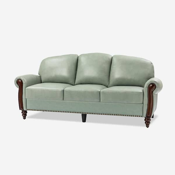 JAYDEN CREATION Edmund 84 in. Rolled Arm Genuine Leather Rectangle Carved Solid Wood Legs Sofa in. Sage