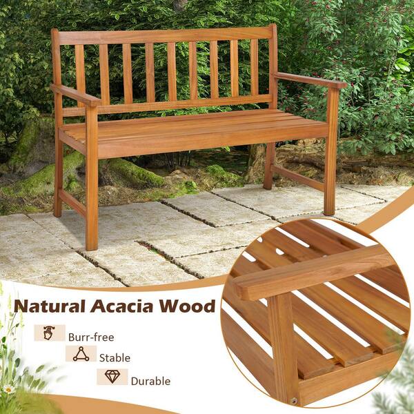 2-Person Natural Solid Acacia Wood Outdoor Bench with Backrest and Armrests