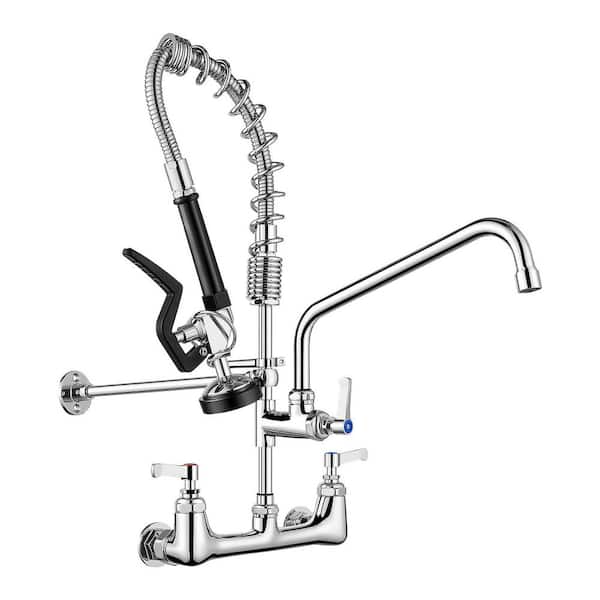 Commercial Double Handle Wall Mount Pull Down Sprayer Kitchen Fauce with Advanced Spray in Polished Chrome