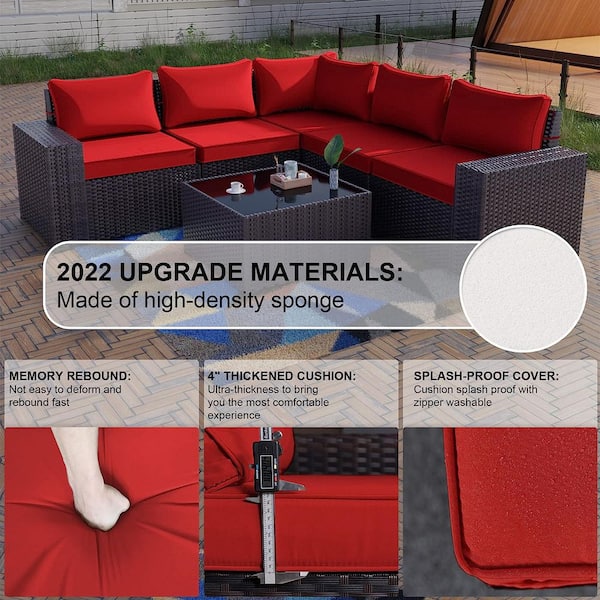 12-Piece Brown Wicker Outdoor Sectional Set with Glass Coffee Table and Red Cushions, Patio Chat