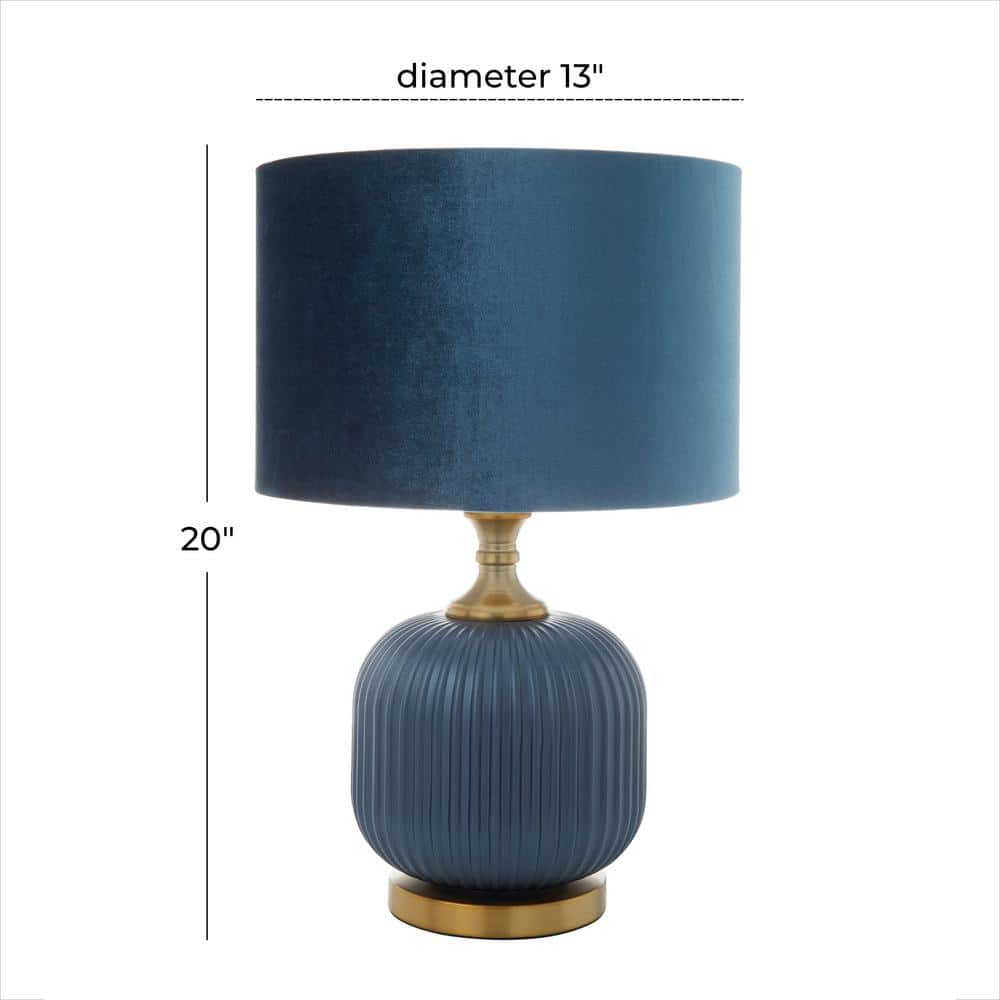 20" Matte Blue Glass Table Lamp with Velvet Shade and Gold Base