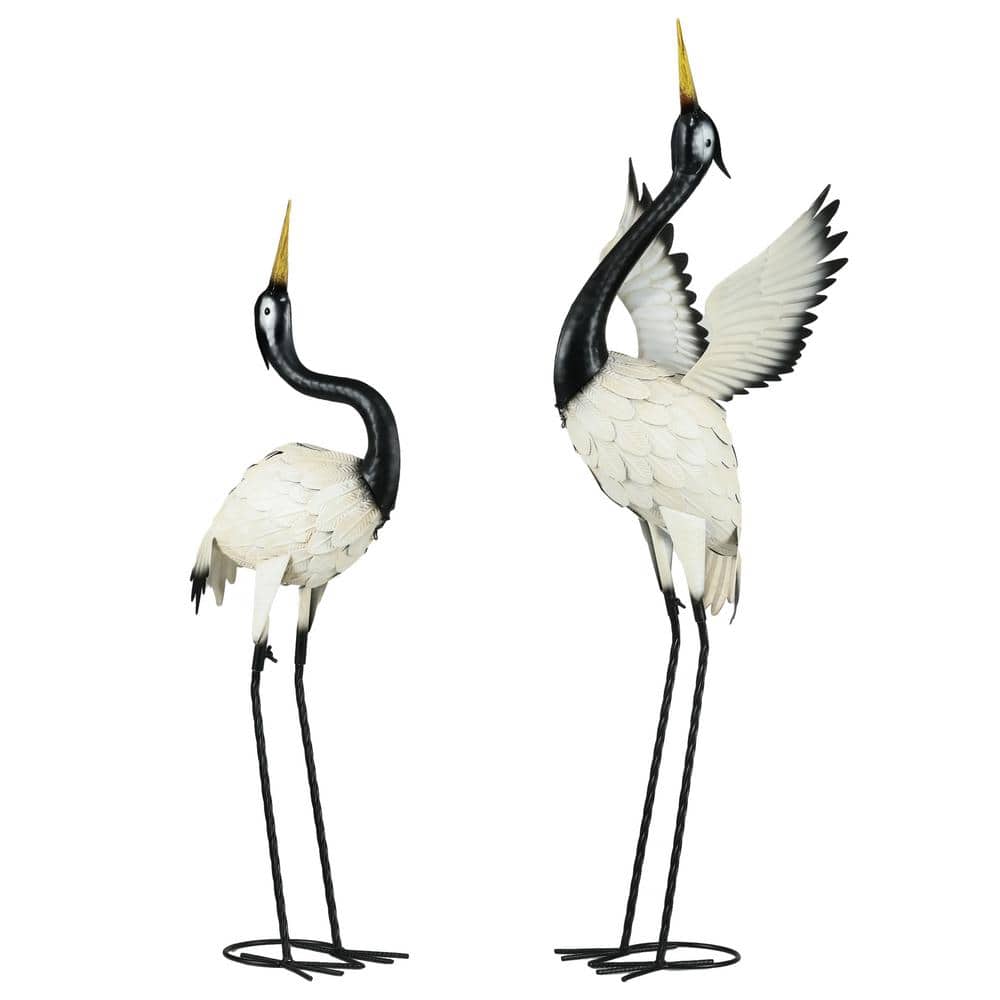 Set of 2 White and Black Metal Heron Garden Statues