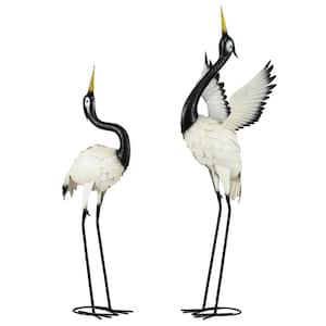 Heron Garden Statues, 35.5" & 40.5" Standing Bird Sculptures, Metal Yard Art Decor, Set of 2, White & Black