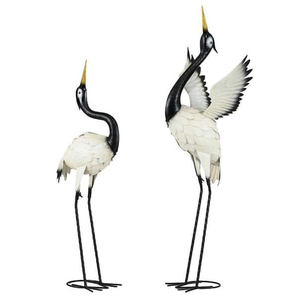 Outsunny Heron Garden Statues, 35.5" & 40.5" Standing Bird Sculptures, Metal Yard Art Decor, Set of 2, White & Black