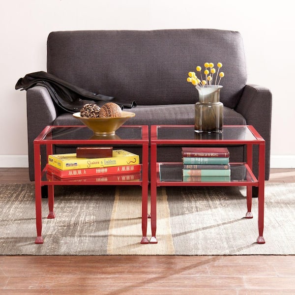 Southern Enterprises 21 in. Red Medium Square Glass Coffee Table with Shelf