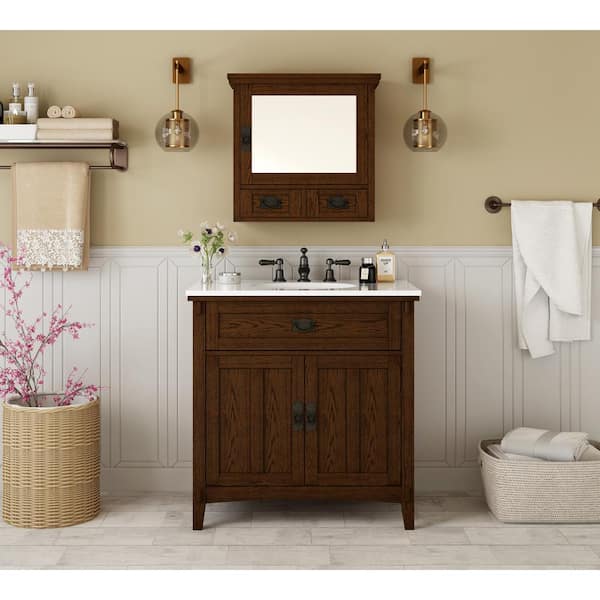 Home Decorators Collection Artisan 33 in. W x 21 in. D x 35 in. H Single Sink Freestanding Bath Vanity in Dark Oak with White Marble Top