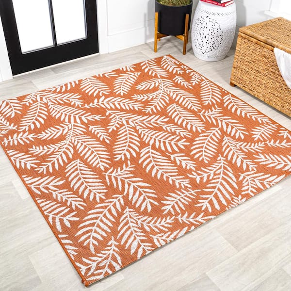 Nevis Palm Frond Orange/Cream 5 ft. Square Indoor/Outdoor Area Rug