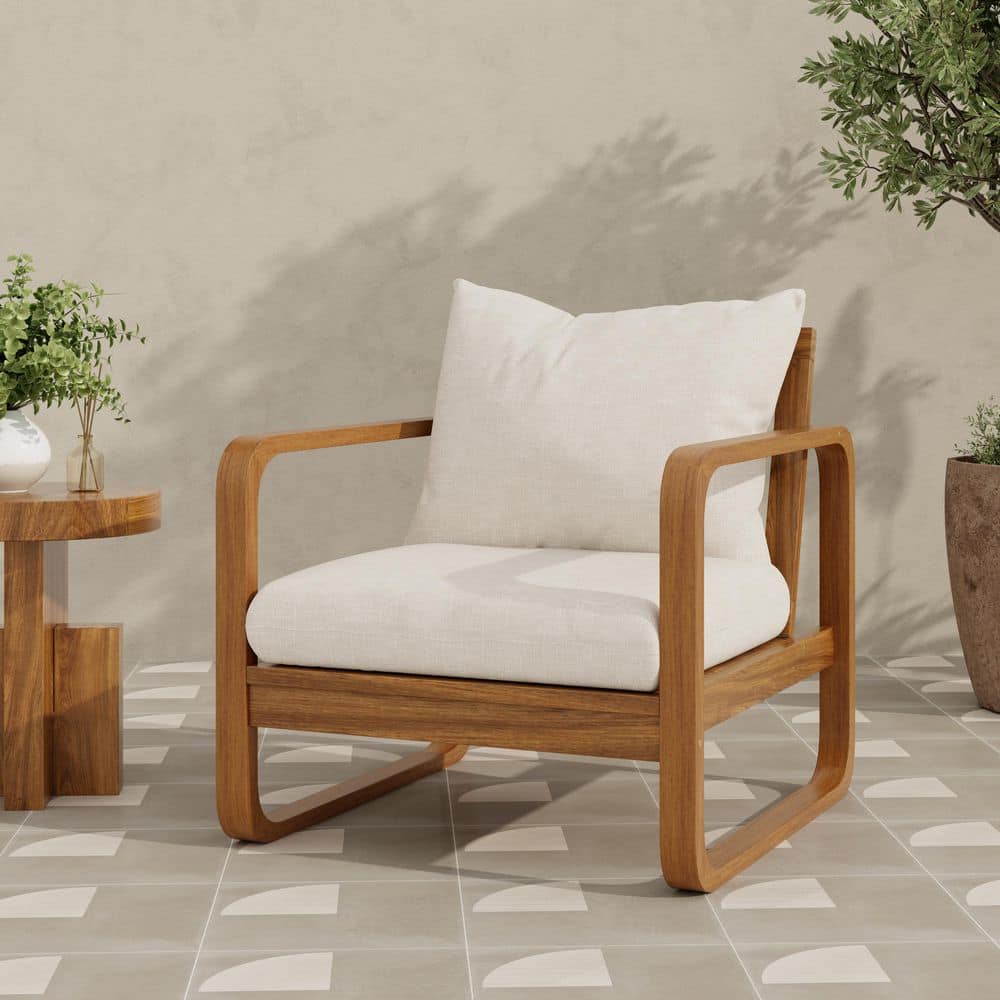 Keith Teak Finish Solid Wood Patio Outdoor Lounge Chair with Beige Cushions, Weather Resistant
