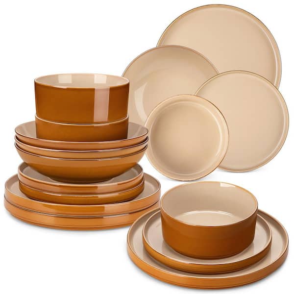 16-Piece Brown Stoneware Dinnerware Set Service for 4, Bowls and Plates Dinner Service Set with Plates and Cereal Bowls