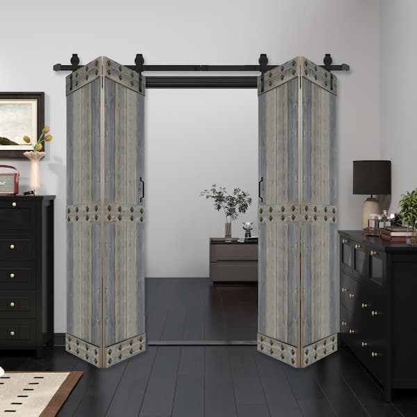 ISLIFE Mid-Bar Style 72 in. x 84 in. (18 in. x 84 in. 4-Panels) Solid Core Aged Barrel Wood Bi-Fold Door Hardware Kit -Assembly