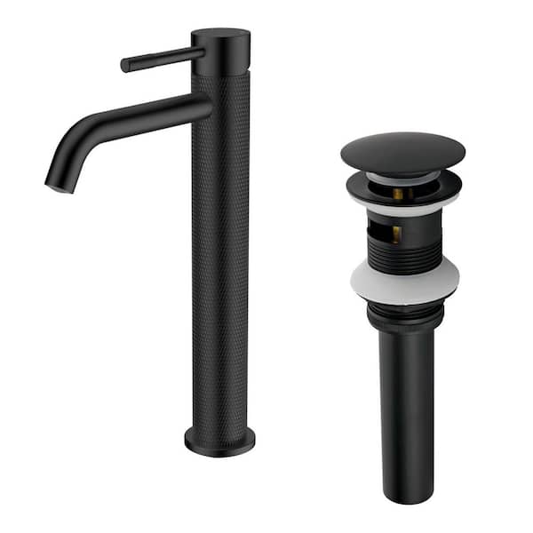 Single Handle Vessel Sink Faucet with Pop-Up Drain, Single Hole Tall Bathroom Sink Faucet in Matte Black