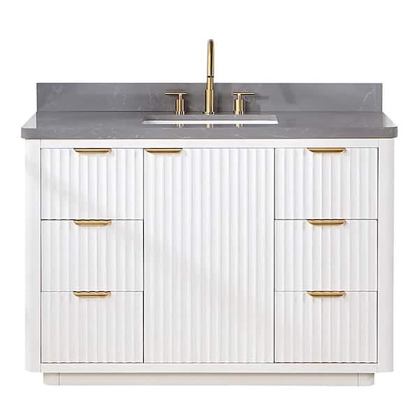 ROSWELL Cadiz 48 in. W x 22 in. D x 34 in. H Single Sink Bathroom Vanity in Fir Wood White with Gray Composite Stone Top