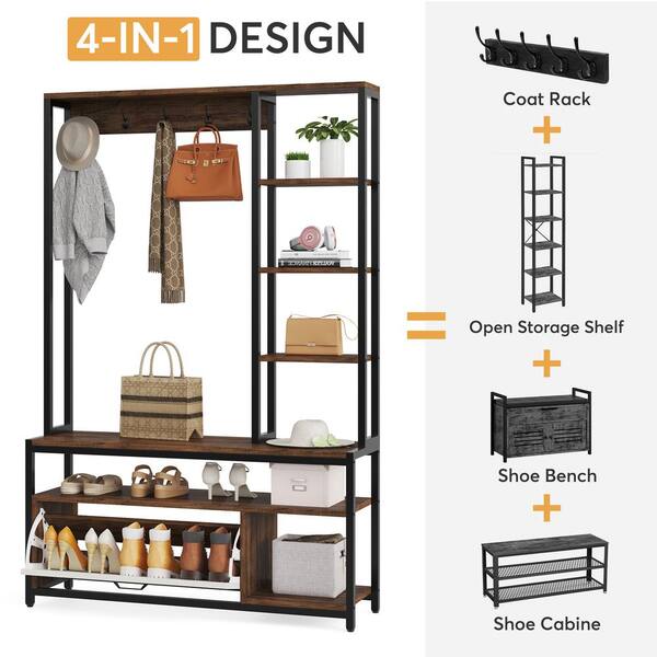 BYBLIGHT Carmalita White and Brown Hall Tree with Shoe Cubby and Coat Rack,  Shoe Rack Bench with Wall Mounted Shelf and Hooks BB-XK0119GX - The Home  Depot