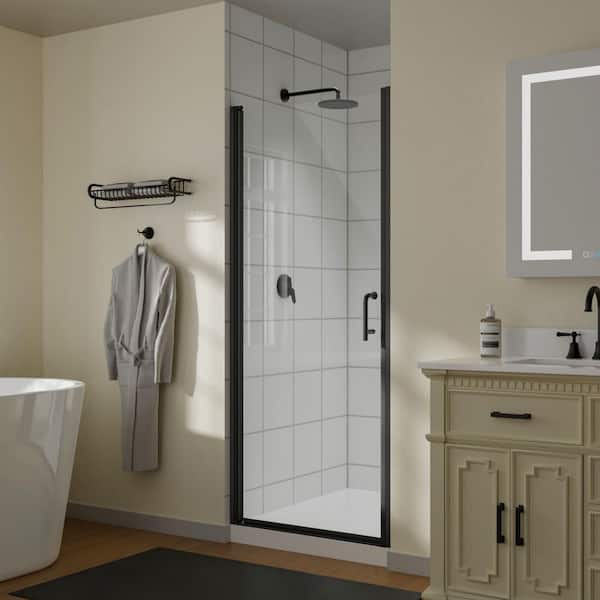 32 in. W x 72 in. H Pivot Semi-Frameless Shower Door in Matte Black with Clear Glass